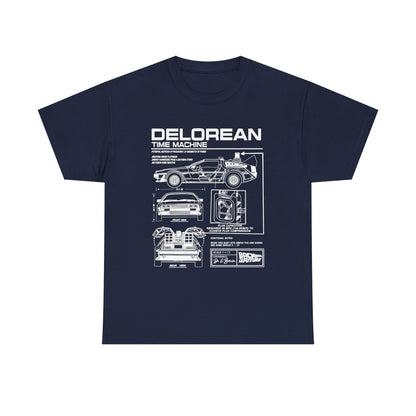 Stylish men's navy t-shirt featuring a detailed blueprint of the iconic DeLorean time machine from Back to the Future, perfect for showcasing a love for classic cinema.