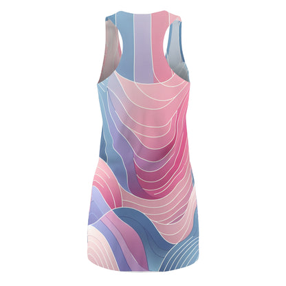 Close-up view of the Serena Valentina Contemporary Racerback Dress, highlighting the intricate pastel abstract art pattern and the flawless feminine fit, perfect for a luxury fashion statement.