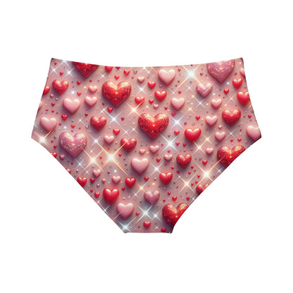 Detail view of the Glittering Hearts High-Waist Hipster Bikini Bottom by Dazzling Dreams Studio, showcasing the premium-quality fabric and stylish cut, ideal for confident poolside lounging.