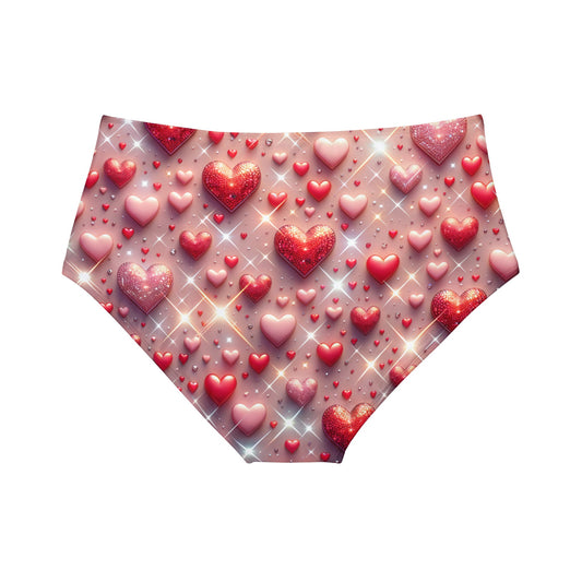 Glittering Hearts High-Waist Hipster Bikini Bottom showcasing a vibrant hearts design, ideal for a stylish beach look.