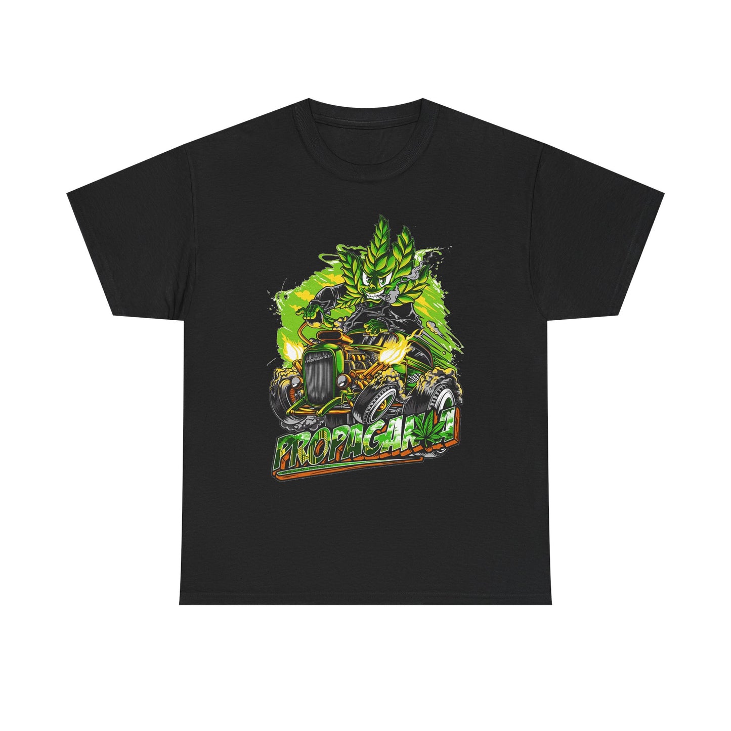 Chic black men's t-shirt showcasing a dynamic cannabis character in leafy attire, coupled with a vintage hot rod graphic, offering a bold yet refined look for discerning wearers.