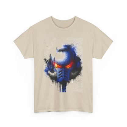 Elegant cotton t-shirt adorned with a captivating helmet illustration in blue and red, appealing to those with a penchant for unique streetwear.