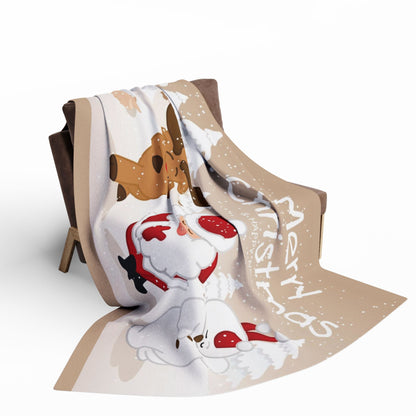 Decorative and Warm Christmas Arctic Fleece Blanket draped over a chair, featuring charming holiday illustrations, ideal for creating a cozy and festive atmosphere this winter season.