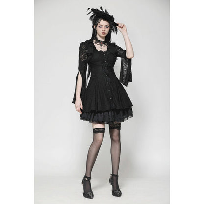 Elegant gothic lace dress by Dark in Love featuring intricate lace detailing and stunning gemstone buttons.