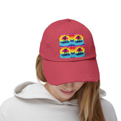 Stylish Unisex Distressed Paddleboarders Cap in pink, showcasing a vibrant paddleboarding scene, suitable for fashionable outdoor enthusiasts.