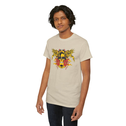 Stylish beige graphic t-shirt featuring a striking yellow skull with wings, flowers, and stars, perfect for a rebellious casual look.