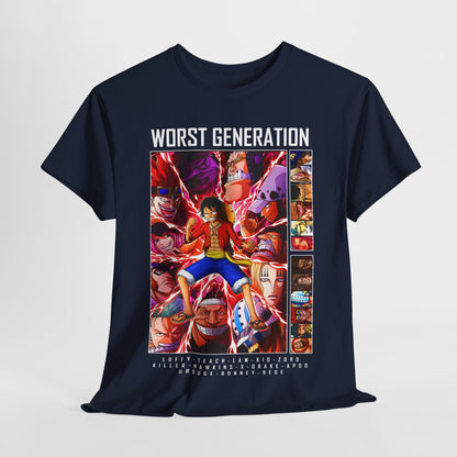 Elegant navy blue T-shirt displaying dynamic illustrations of 'Worst Generation' characters, featuring colourful and engaging designs for a fashionable anime-styled look.