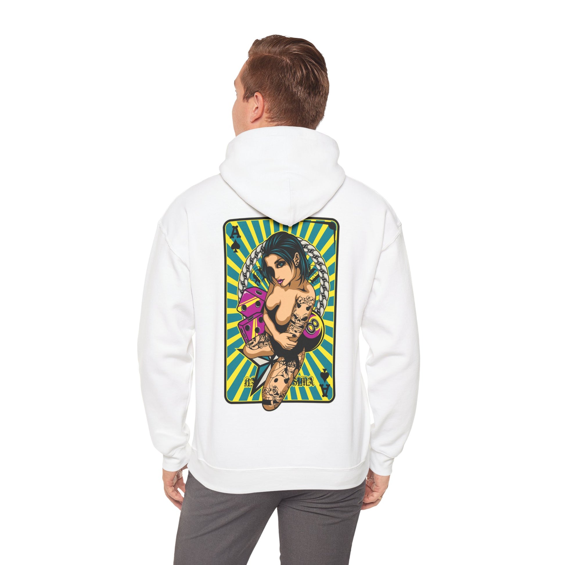 Men's white hoodie with a striking back design featuring a bold tattooed woman and playing cards, radiating a unique artistic flair.