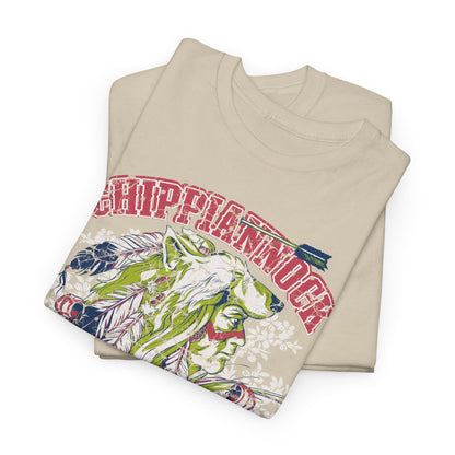 Luxurious Native American heritage graphic t-shirt featuring a captivating wolf headdress design, showcasing vibrant colours and intricate details.