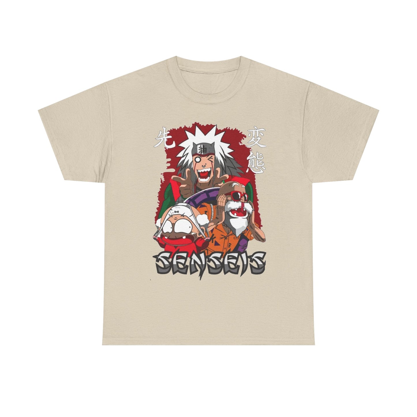Chic beige anime graphic t-shirt adorned with stylish imagery of unique characters, blending culture and street style for a sophisticated look.
