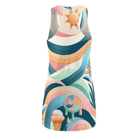 Close-up of the intricate floral patterns on the Vibrant Pastel Racerback Summer Dress with Beach and Floral Patterns - Vivienne Belrose, highlighting the soft pastel hues.