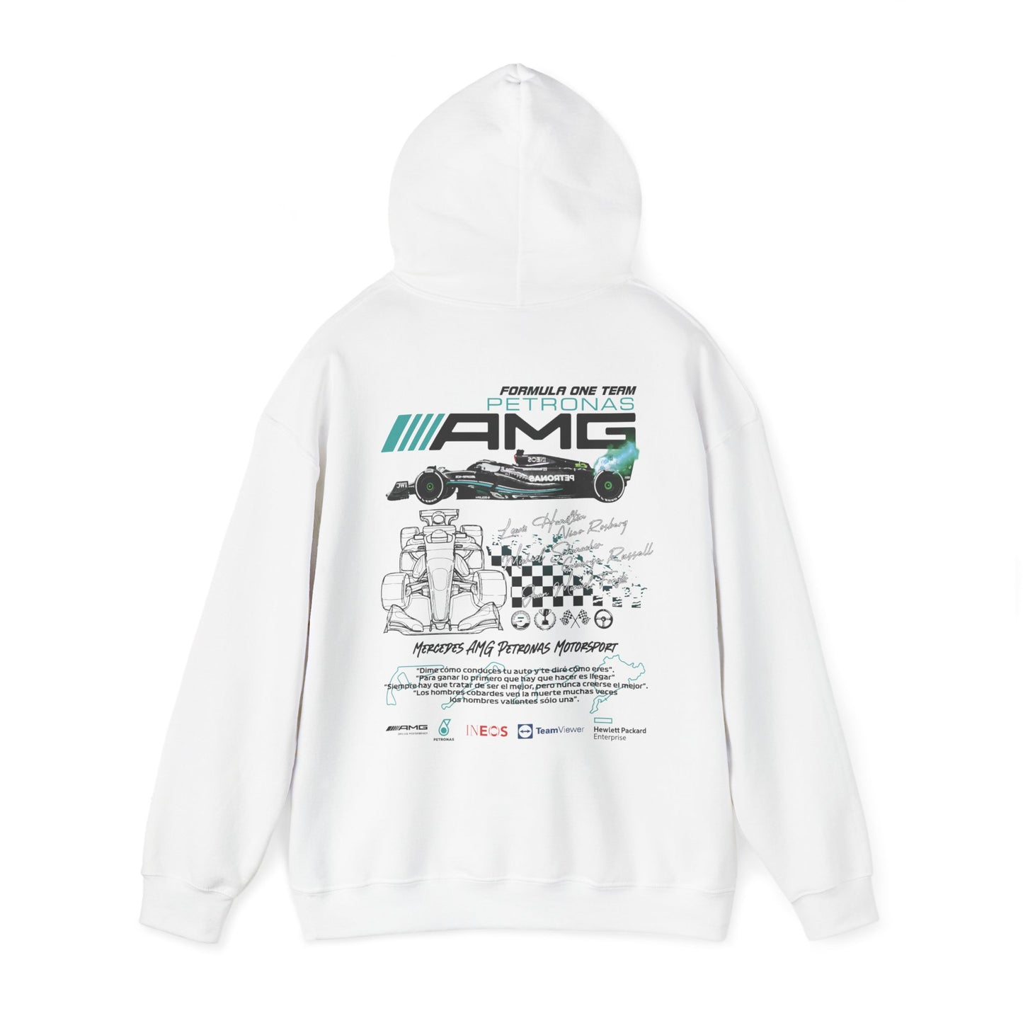 Stylish back view of the Mercedes AMG Petronas F1 Racing team hoodie showcasing intricate graphic design featuring a Formula One car, team logo, and signatures of iconic drivers.