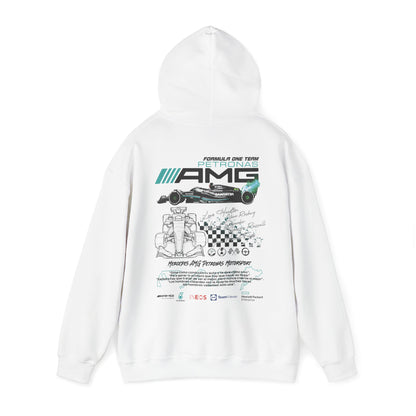 Stylish back view of the Mercedes AMG Petronas F1 Racing team hoodie showcasing intricate graphic design featuring a Formula One car, team logo, and signatures of iconic drivers.