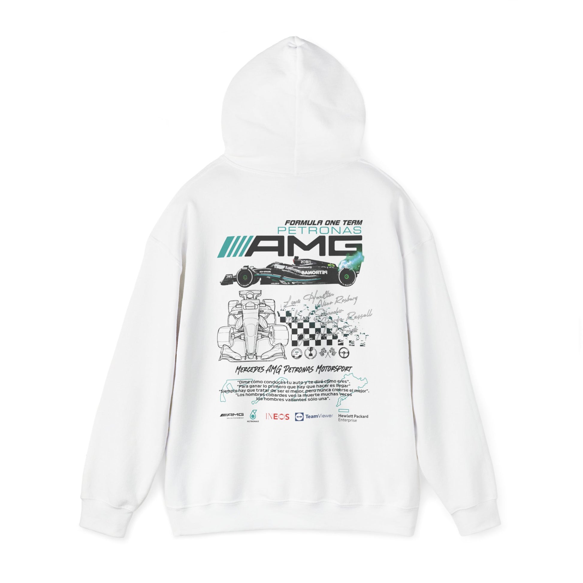 Elegant white hoodie adorned with a detailed back graphic of the Mercedes AMG Petronas F1 racing team, highlighting a dynamic racing car and celebrated team signatures for a sophisticated look.