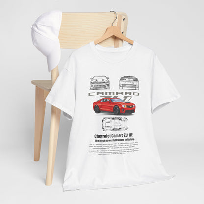 Luxurious Chevrolet Camaro ZL1 1LE men's T-shirt displayed elegantly on a wooden chair with a white cap, showcasing bold graphics and premium fabric design.
