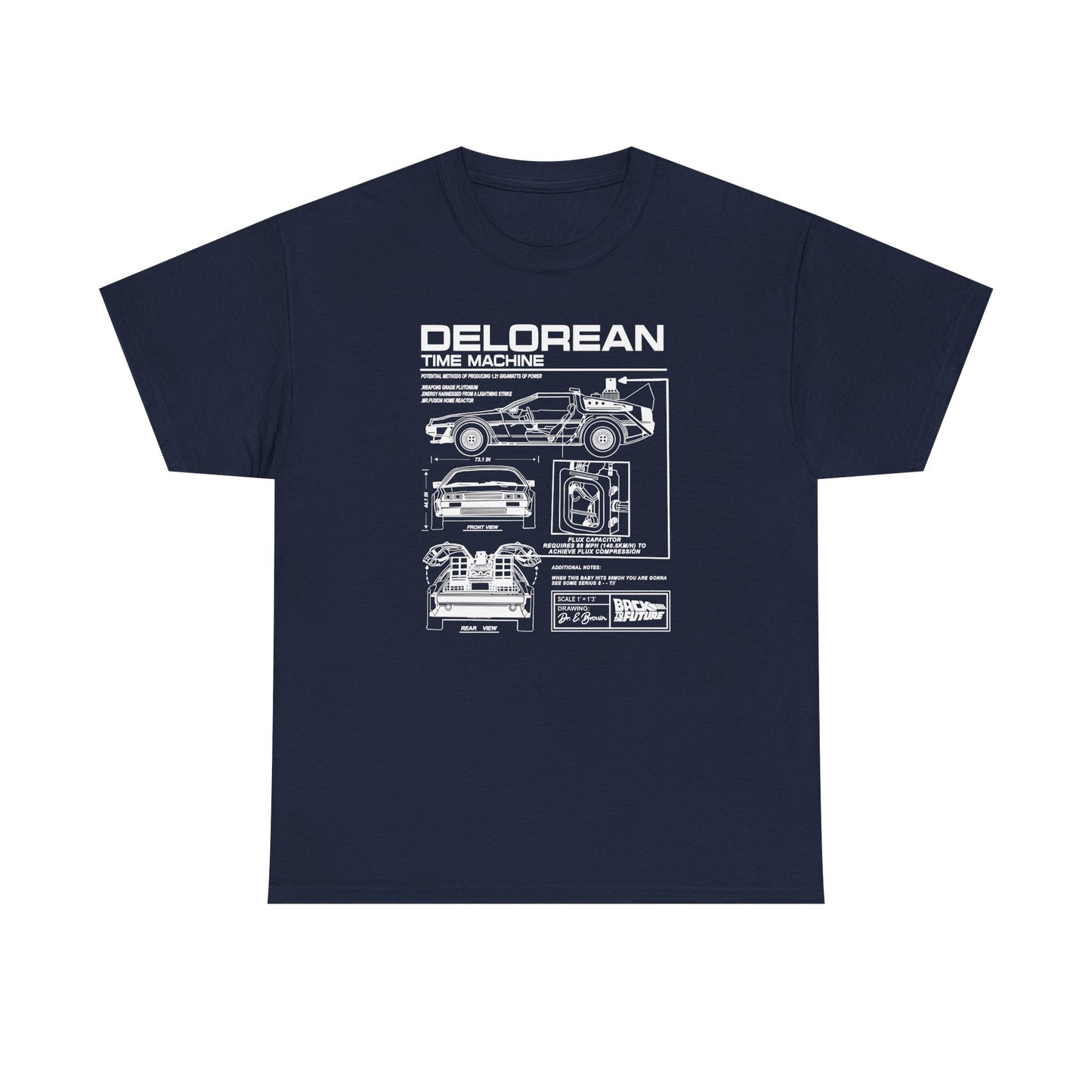 Sophisticated navy blue t-shirt displaying an artistic technical drawing of the DeLorean time machine, complete with front, rear, and side views crafted in fine detail.