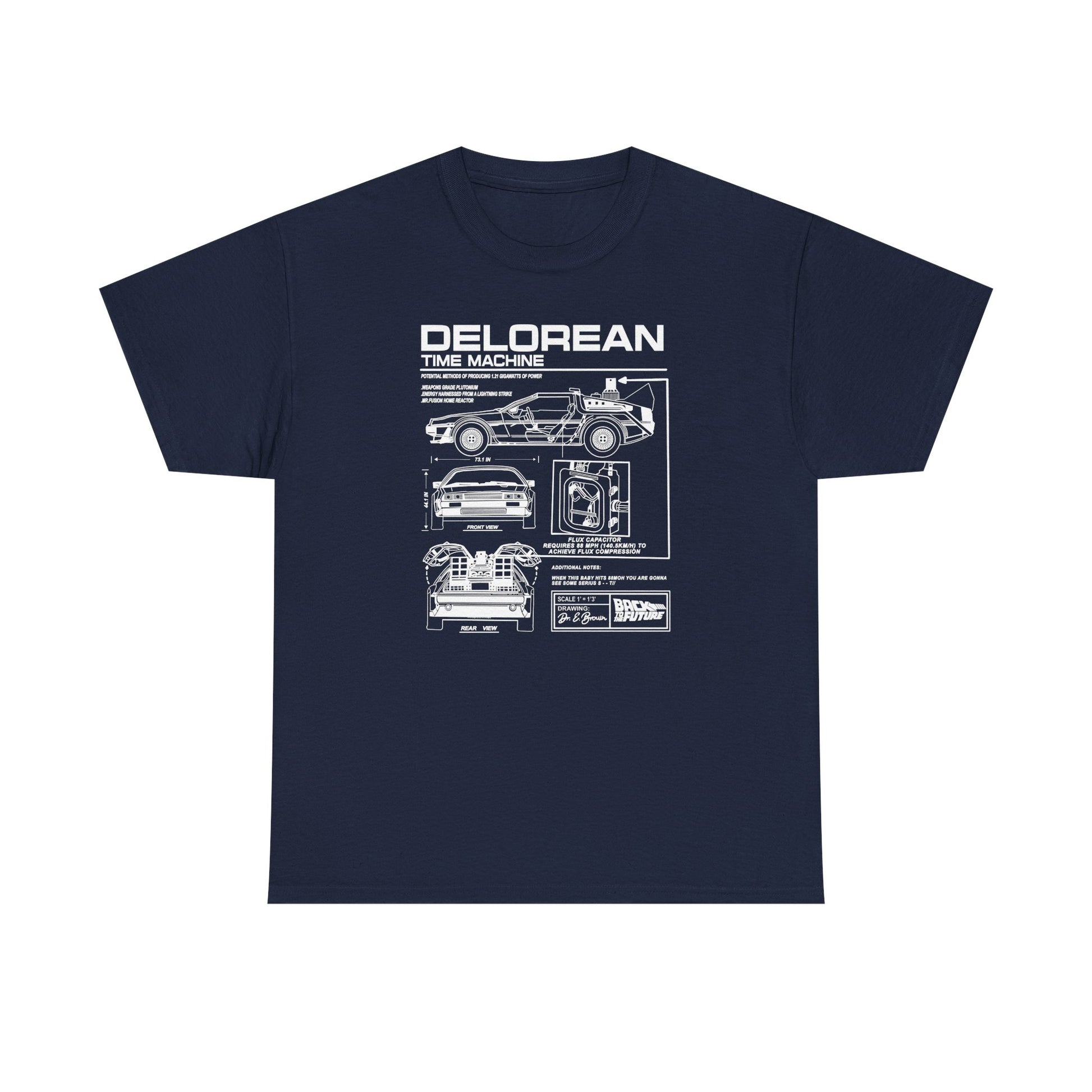 Sophisticated navy blue t-shirt displaying an artistic technical drawing of the DeLorean time machine, complete with front, rear, and side views crafted in fine detail.