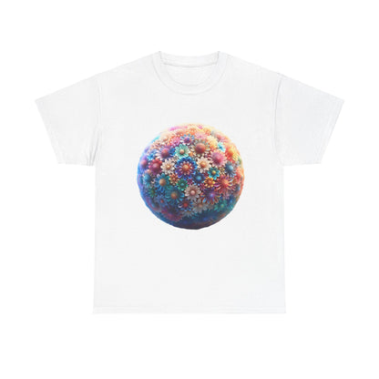 Iridescent Floral Sphere Unisex Cotton Tee Graphic T Shirt in white, featuring an exquisite floral sphere design that captures light beautifully for a sophisticated look.