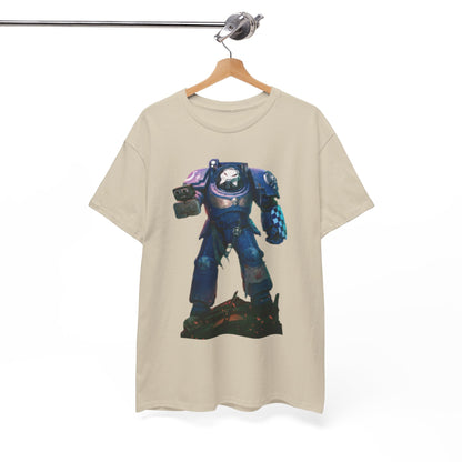 Fashionable oversized unisex T-shirt elegantly hung, featuring a bold graphic of a stylised cosmic figure, ideal for adding character to any outfit.