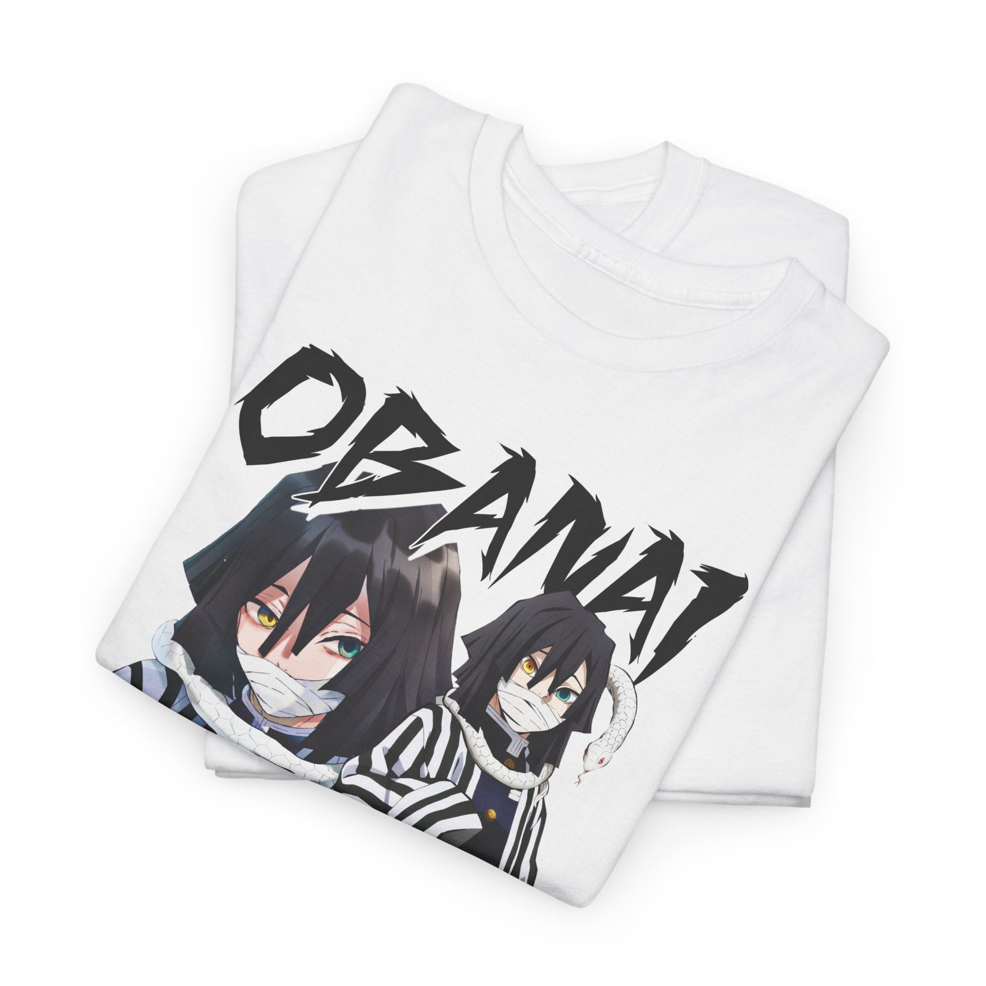 Luxurious Obanai Iguro T-shirt design featuring striking anime graphics, perfect for fashion-forward anime enthusiasts.