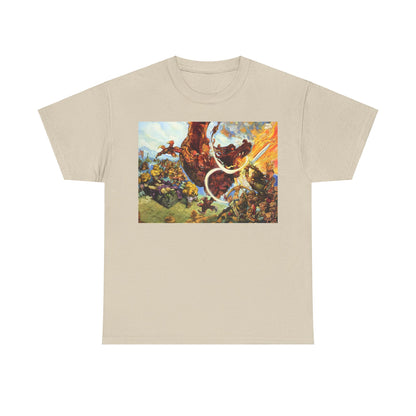 Elevate your style with the Discworld Guards! Guards! Graphic Unisex T-Shirt, showcasing whimsical artwork featuring an epic fantasy battle scene, perfect for fans of Terry Pratchett's beloved universe.