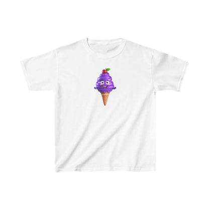 Child’s Unisex Delighted Ice Cream Graphic Cotton Tee in pristine white, showcasing a delightful purple ice cream character with a cherry on its peak.
