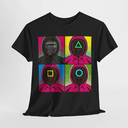 Squid Game Pop Art Unisex Graphic T-Shirt featuring vibrant designs of iconic masked guards on a striking black background, showcasing bold geometric shapes.