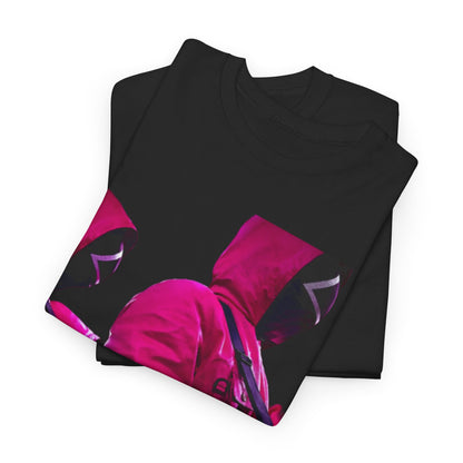 Sophisticated black t-shirt featuring bold Squid Game graphic, folded elegantly for display, perfect for fashion-forward individuals.