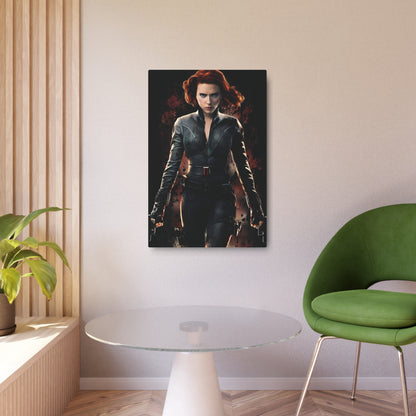 Marvel Black Widow Metal Art Poster elegantly mounted on a minimalist wall, enhancing the decor of a contemporary living space with superhero charm.