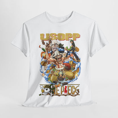 Stylish One Piece USOPP t-shirt displayed flat, showcasing bold graphic design and luxurious quality, ideal for urban fashion.