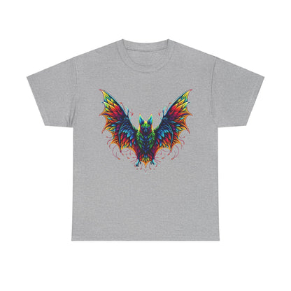 Radiant Evolution Bat Tee - Unisex cotton graphic t-shirt showcasing a stunning stylized bat with colourful rainbow wings, set on a light grey backdrop for a chic appeal.