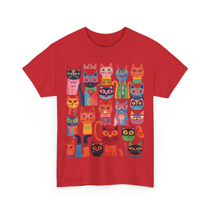 Purrfection Graphic T-Shirt with vividly illustrated cats on a striking red cotton tee, designed for playful fashion enthusiasts.