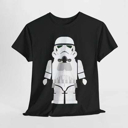Galactic Icons LEGO Stormtrooper Unisex T-Shirt in black, showcasing a playful LEGO Stormtrooper graphic, an ideal addition to any stylish wardrobe.