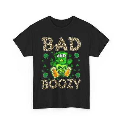 Chic Bad And Boozy St. Patrick's Day T-Shirt with a premium design featuring leopard print text and a vibrant green skull and leprechaun hat, ideal for festive celebrations.