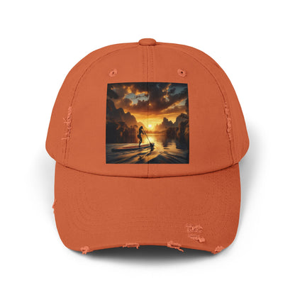 Unisex Distressed Paddleboarders Cap in vibrant orange, complete with an eye-catching sunset graphic, perfect for sun protection and paddleboarding fashion.