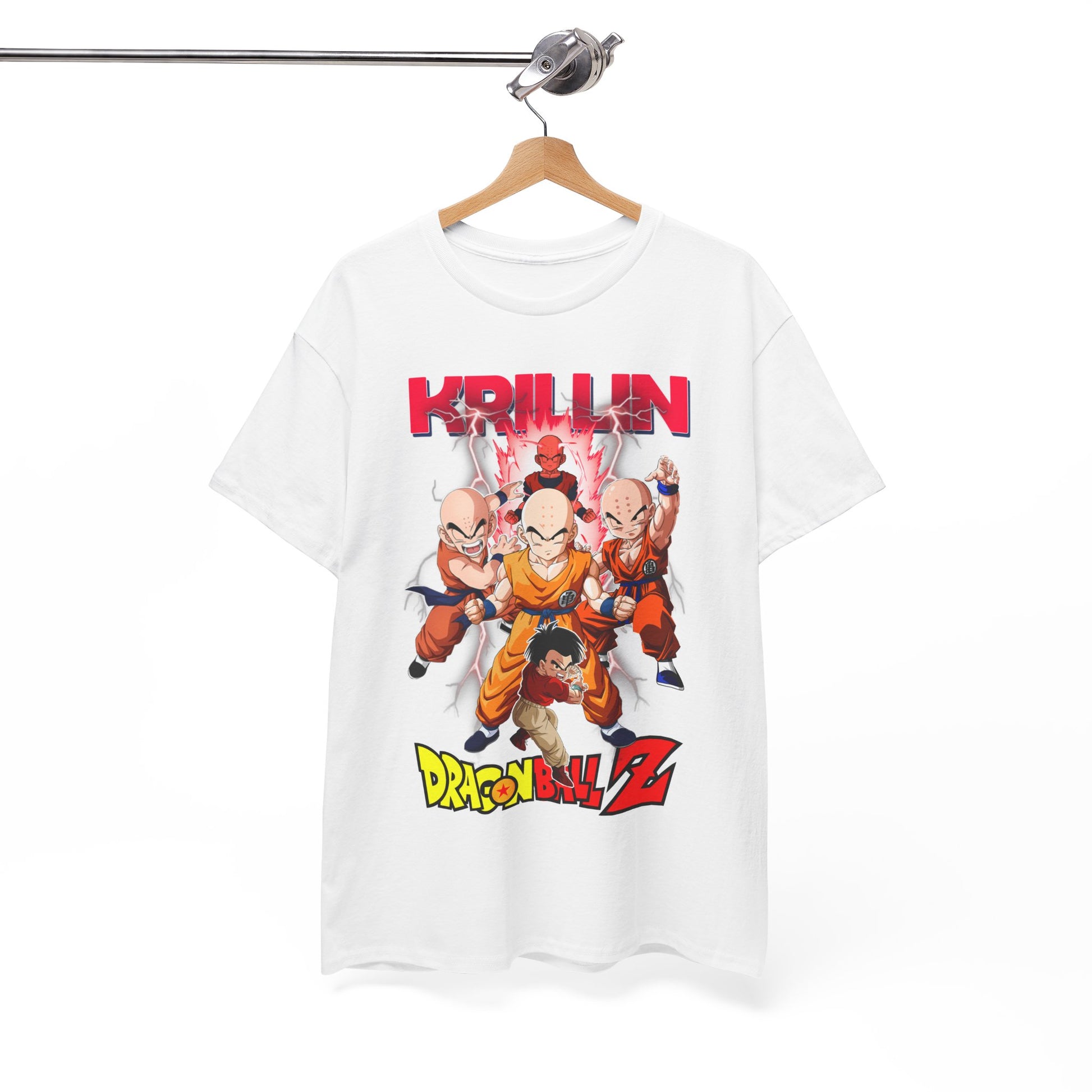 Luxurious white T-shirt featuring vibrant artwork of Krillin and Z Fighters from Dragon Ball Z, elegantly displayed on a hanger.