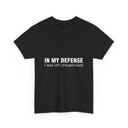Front view of the elegant black graphic t-shirt with the title 'In My Defence I Was Left Unsupervised', designed for urban fashion enthusiasts, embodying comfort and style.