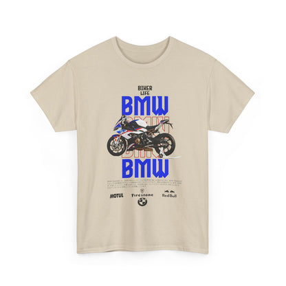 Elegant beige men's t-shirt featuring striking BMW S1000RR motorcycle graphic design with 'BIKER LIFE' text, tailored for the modern biker.