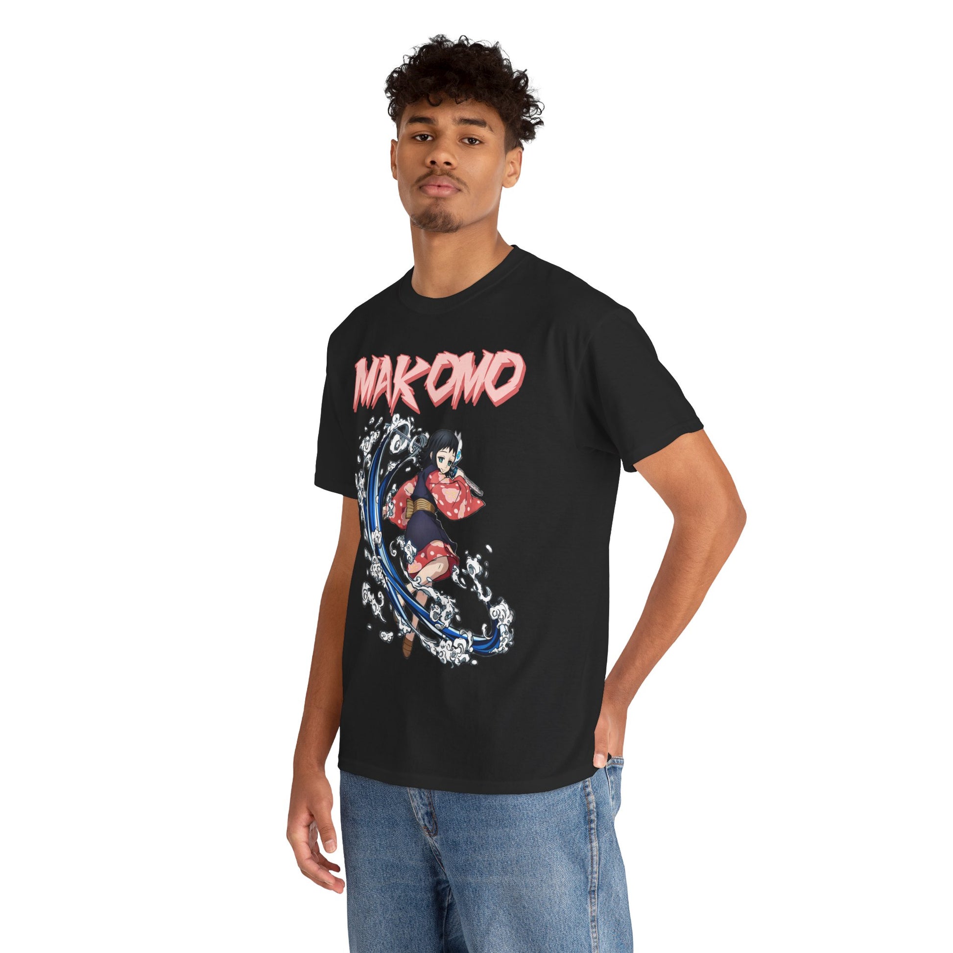 Stylish model wearing a black Makomo anime T-shirt, featuring a striking water-themed graphic and vivid colours, perfect for anime enthusiasts.