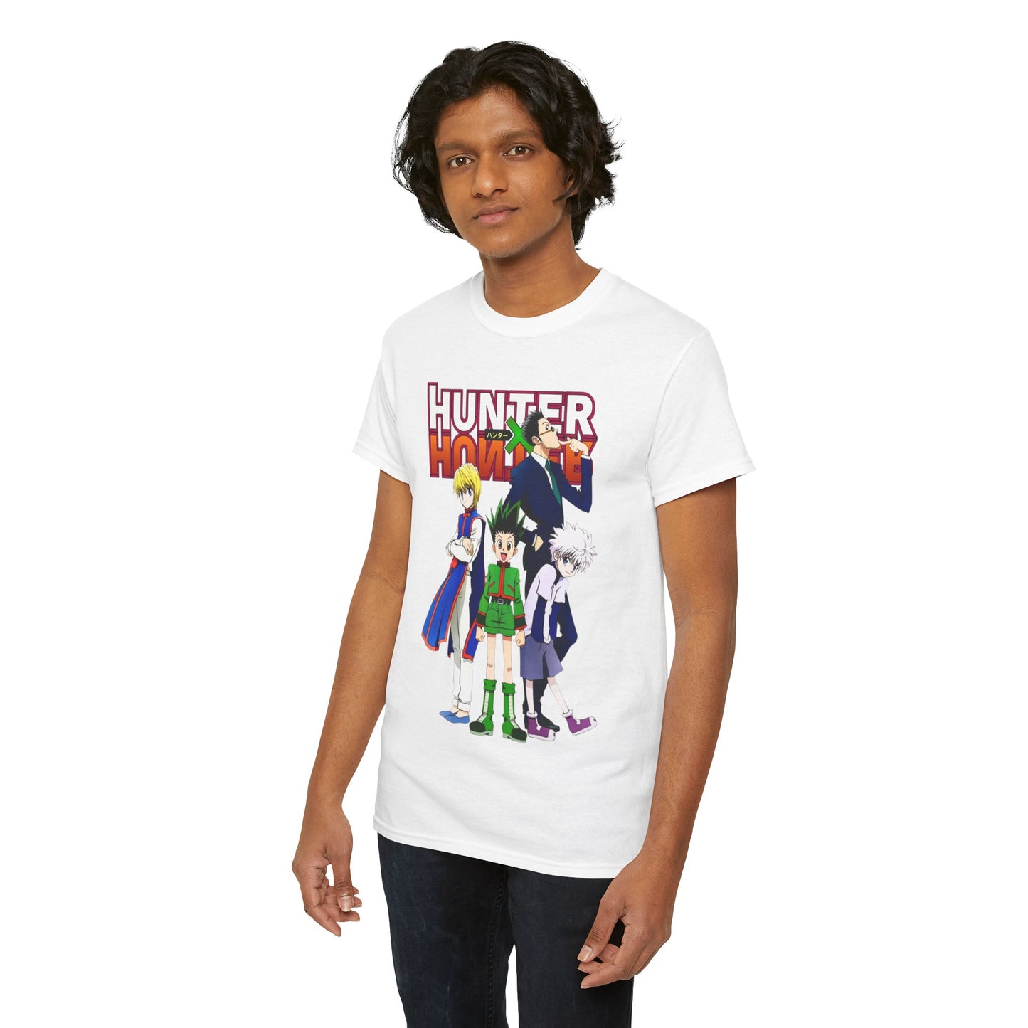 Luxury Hunter x Hunter T-shirt featuring a vivid illustration of iconic characters Gon, Killua and their crew, designed for anime enthusiasts, crafted from premium fabric.