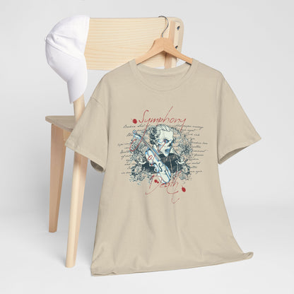 Chic vintage t-shirt draped over a chair, showcasing a striking skull and violin design complemented by floral scrolls, ideal for expressing unique style.