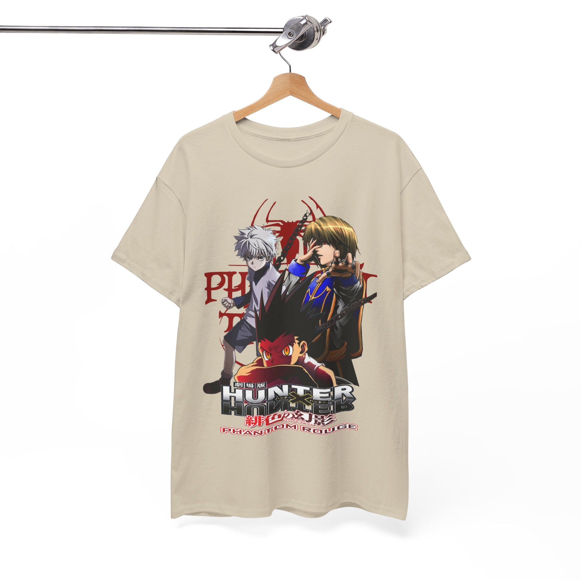 Luxurious Hunter x Hunter T-shirt featuring exquisite character illustrations from Phantom Rouge, elegantly displayed on a hanger against a minimalist backdrop.