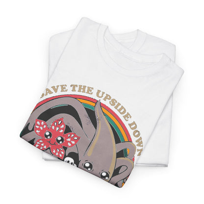 Chic folded 'Save the Upside Down' graphic t-shirts, showcasing playful designs and luxurious cotton fabric. Perfect for comfortable, fashionable casual wear inspired by Stranger Things.
