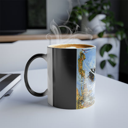 Discworld Light Fantastic Colour Morphing Mug filled with steaming coffee, highlighting its unique design alongside a contemporary setting.