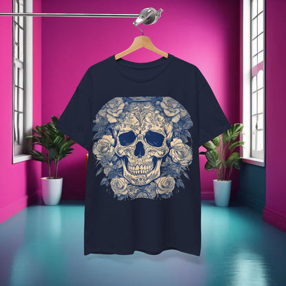 The Skulls and Roses Cotton Tee displayed in a vibrant setting, showcasing its unique skull and flower graphic, ideal for alternative fashion enthusiasts.