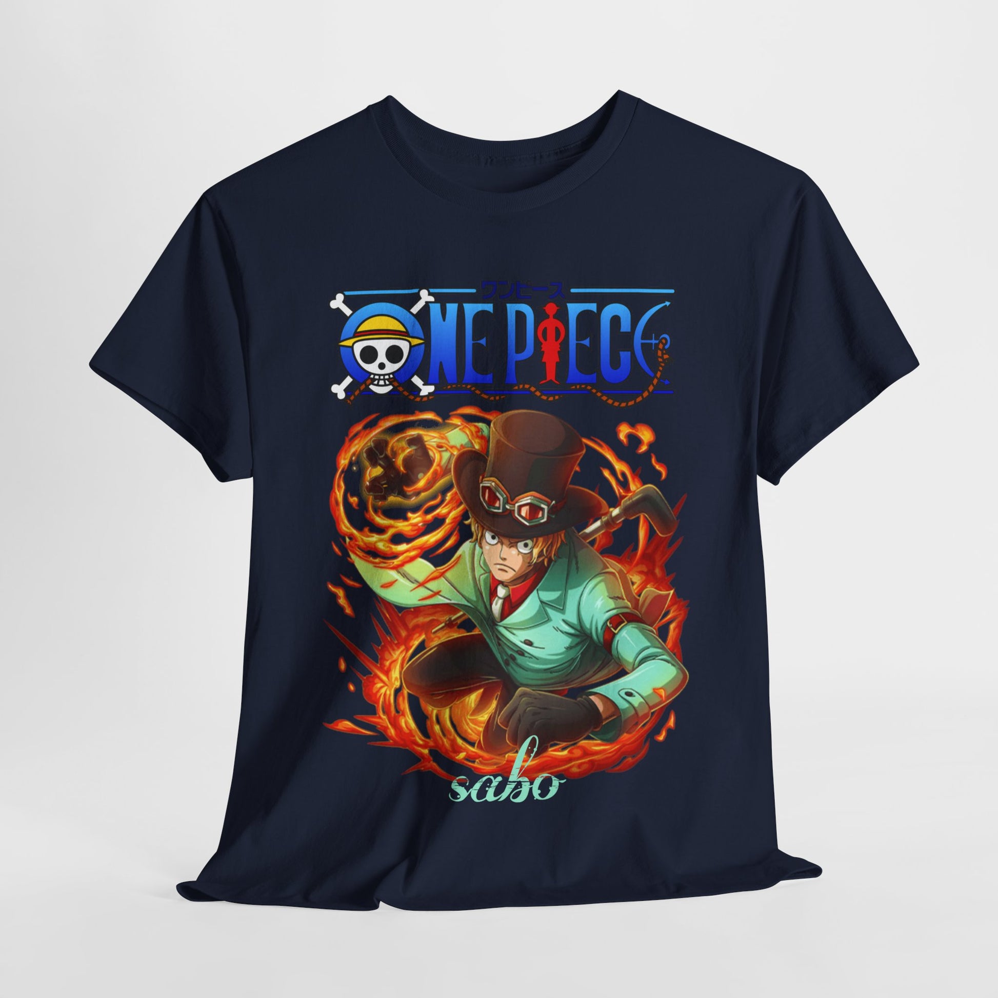 Luxury Sabo from One Piece T-shirt in navy featuring a vibrant and dynamic action design with swirling flames and a stylish logo, perfect for anime enthusiasts.