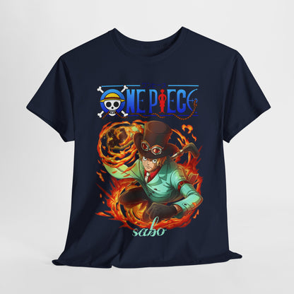 Luxury Sabo from One Piece T-shirt in navy featuring a vibrant and dynamic action design with swirling flames and a stylish logo, perfect for anime enthusiasts.