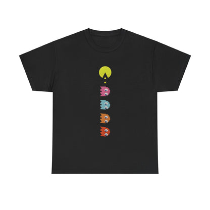 Unisex Pixel-Perfect Pac-Man Graphic Tee featuring a vertical arrangement of iconic arcade characters, including a charming Pac-Man dot atop colorful ghosts—ideal for gamers seeking nostalgia and style.