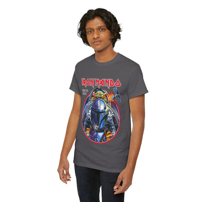 Diverse model showcasing the Iron Mando Graphic Tee, adorned with a bold Mandalorian illustration, a great addition for luxury-geek fashion.