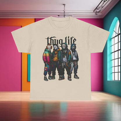 Thug Life Horror Characters Graphic T-Shirt presented in a chic, colourful environment, highlighting iconic horror characters dressed in luxury streetwear. Unisex cotton tee with a fashionable edge.